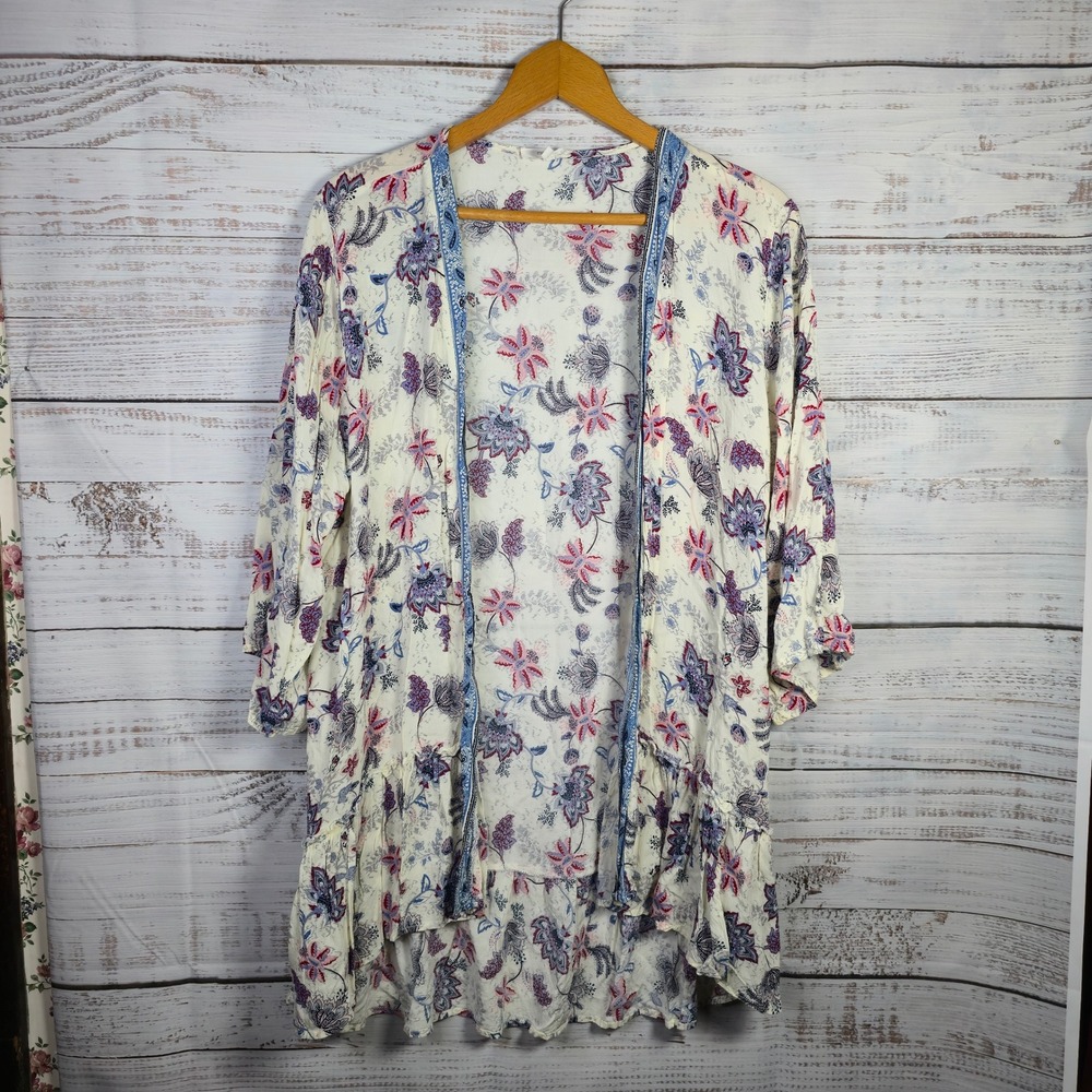 Maurices XL Floral Kimono Cardigan Boho Ruffle Hem Lightweight Duster